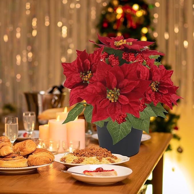 14" Artificial Poinsettias Christmas Plants with Red Berry Fake Poinsettia Flowers in Pot for Home Garden Portch Office Indoor Outdoor Christmas Decorations Red