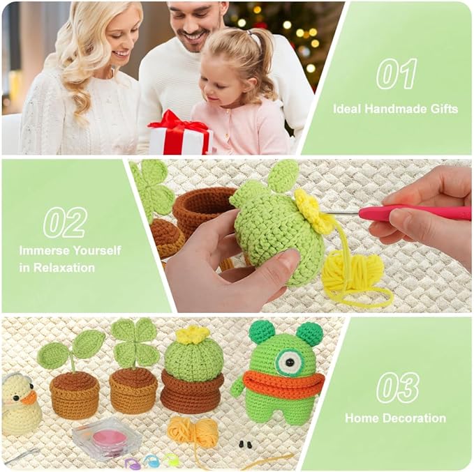 Autglint Potted Plant Crochet Kit for Beginners - DIY Succulent Garden Amigurumi Set for Home Office Decor | Step-by-Step Video Tutorials & Non-Split Yarn | Everlasting Greenery Craft Gift