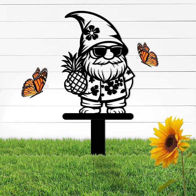 Magilab Personalized Iron Yard Stake - Christmas Cute Gnome Dwarves Decor, 8-Inch Black Metal Garden Sign for Outdoor (Style I)