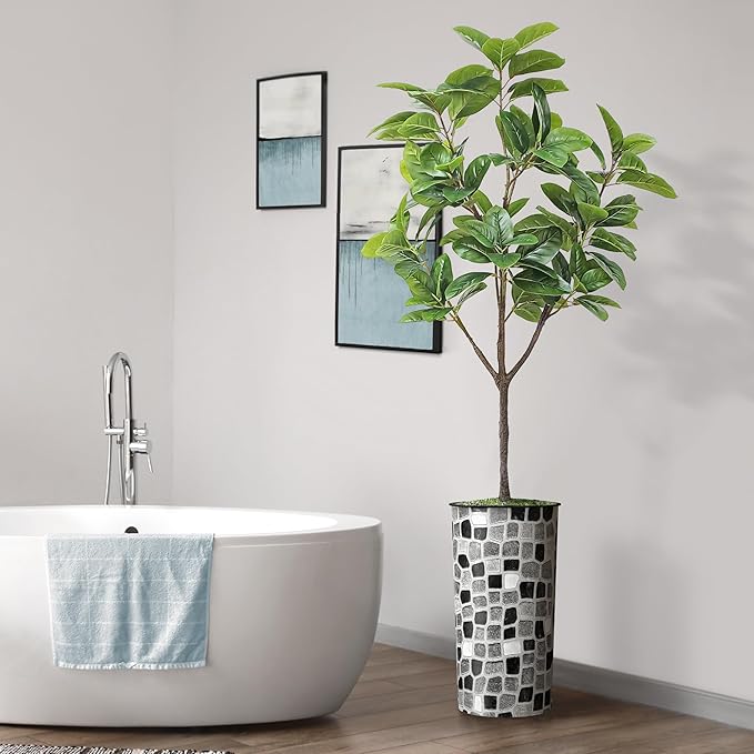 Artificial Tree in Modern Geometric Pattern Planter, Fake Rubber Silk TRE for Indoor and Outdoor Home Decoration - 70" Overall Tall (Plant Pot Plus Tree)