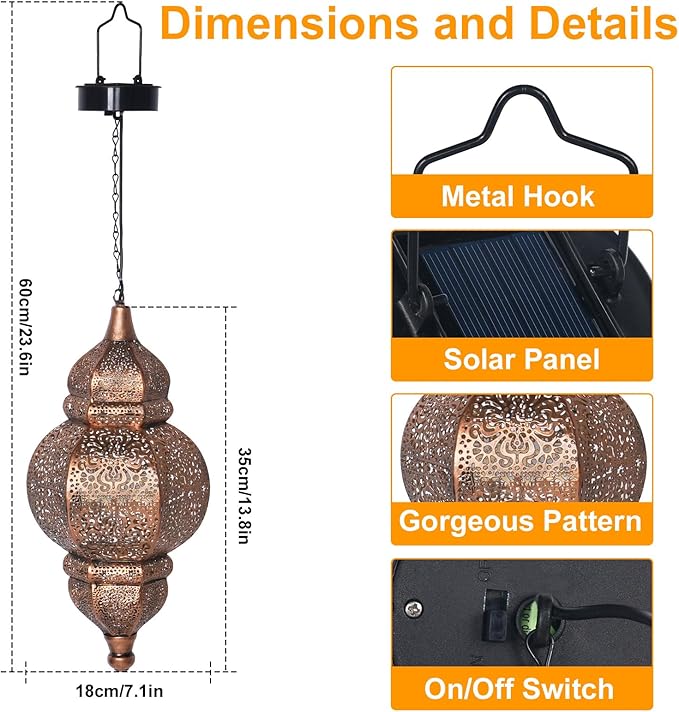 Hanging Solar Lights, Outdoor Decor Solar Lantern, Waterproof Metal Moroccan Lantern for Outside Patio Pathway Yard Front Porch Backyard Garden Decorative (1 Pack)