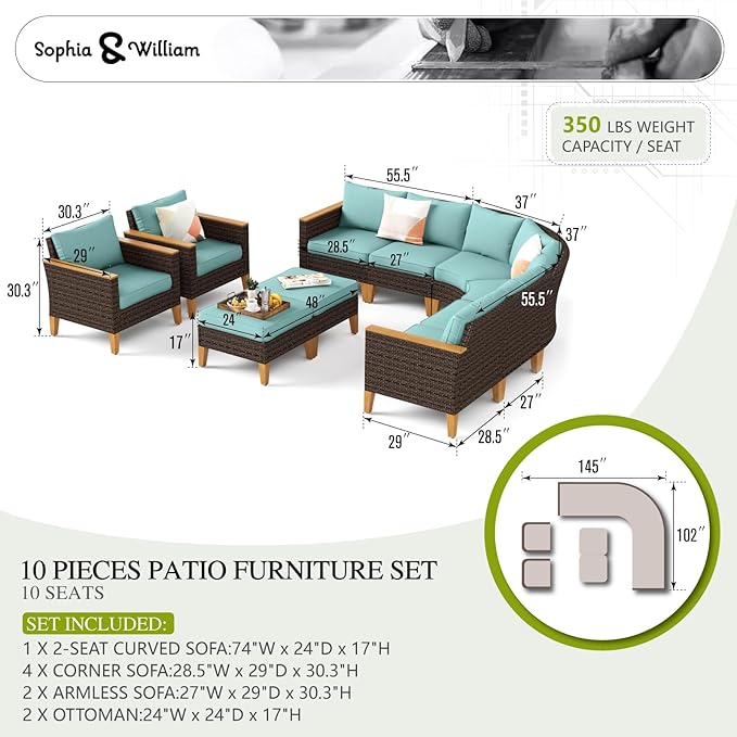 Sophia & William Outdoor Wicker Sectional Sofa Set, 10 Piece Half Moon Curved Patio Furniture Modern Round Outdoor Couch Conversation Set with Ottoman for Backyard, Deck, Garden(Aqua Blue)