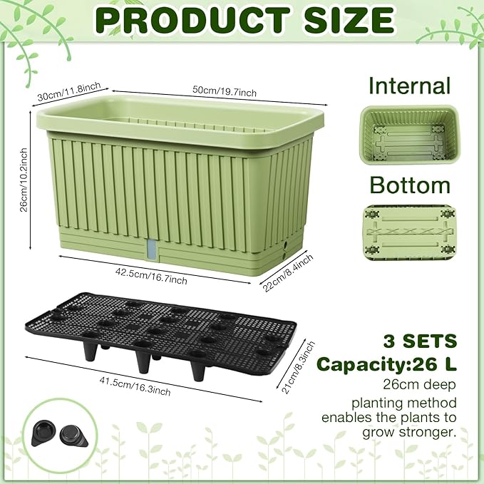 3 Pcs 20 Inches Large Planter Boxes Deep Rectangular Planter Boxes Outdoor Lightweight Plastic Planting Flower Pot with Drainage Holes Plant Pot for Patio, Courtyard, Lawn, Outdoor