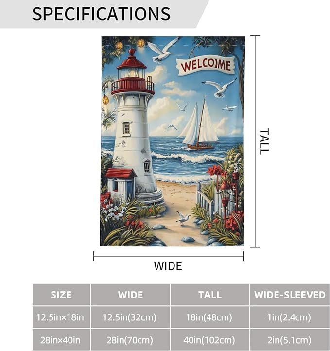 Lighthouse With Beach Garden Flag 12x18 Inch Double Sided All-Weather Polyester Outdoor Flag For Patio Lawn Yard And Garden Welcome Decor
