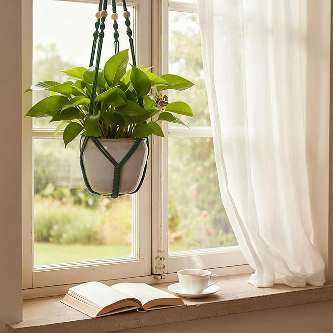 EJGIEGSO Macrame Plant Hanger,Up to 4-15 inch Pots, Wood Beads Cotton Hanging Planter Holder for Indoor Outdoor Boho Home Decor, 35 Inch, Ivory, Set of 2 (Green)