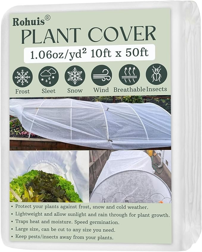 Rohuis Plant Covers Freeze Protection Winter, 10ftx50ft Frost Blanket for Outdoor Plants, Frost Cloth Plant Freeze Protection, Reusable Garden Floating Row Cover for Vegetables Tree