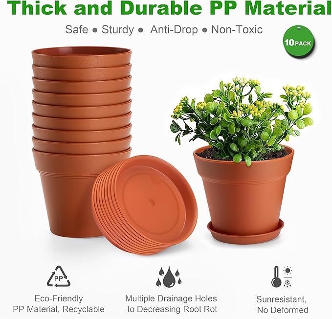 FHWTY 10 Pack Plastic Plant Pots with Drainage Holes and Tray, 5 inch Thickened Indoor Planters Seedlings Nursery Pots for Flowers, African Violet, Succulent and All House Plants, Terracotta