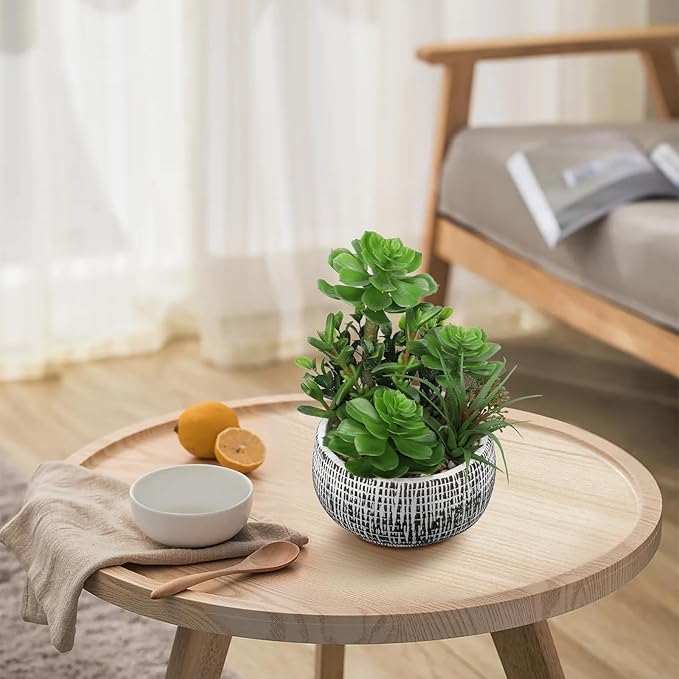 Villa Como 10” Large Succulents Plants Artificial in Ceramic Pots Potted Faux Succulent Arrangement with Black Bowl Pots Fake Desk Succulents Plants for Home Bathroom Shelf Table Indoor Decor