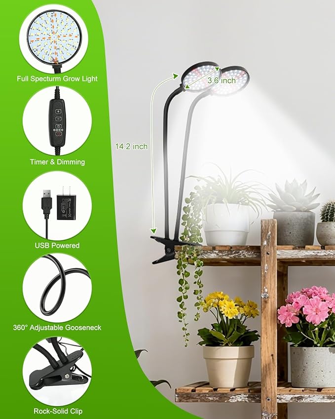 RODINTO Grow Lights for Indoor Plants Full Spectrum, Clip On Plant Light with Timer 4/8/12/18H, Adjustable Gooseneck, 5 Dimming Levels, LED Grow Lamp for Houseplants