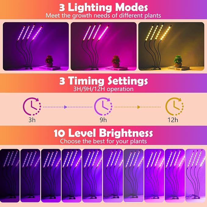 Grow Lights for Indoor Plants,80 LED Plant Lights with Full Spectrum & Red Blue Spectrum, 10 Dimmable Level, 3/9/12H Timer,3 Switch Modes, Adjustable Gooseneck,4 Heads Clip-On