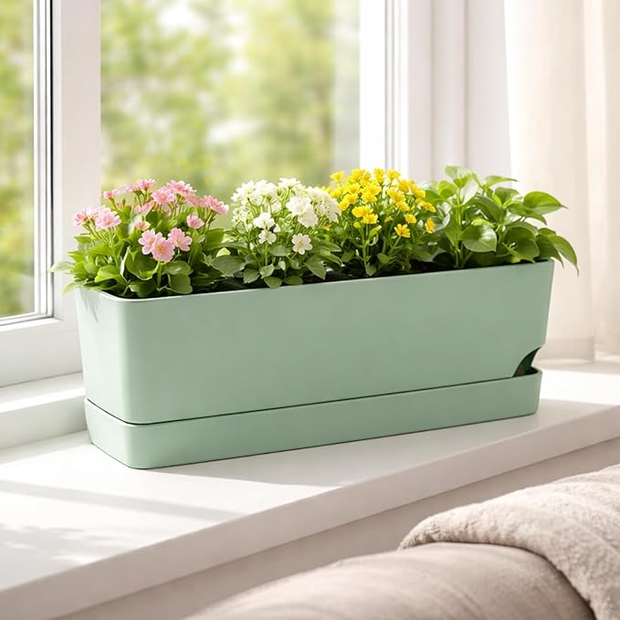 Party Zealot Window Boxes Planters, 5 Pack Self Watering Pots for Indoor Plants 17 Inch Rectangular Planter Rectangle Flower Pots Long Plant Pot Large Window Sill Herb Planter Box, Green