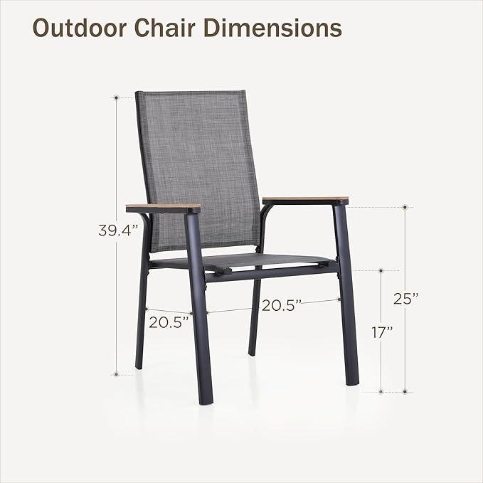 PHI VILLA Patio Dining Chairs Set of 4, Outdoor Lightweight Stackable Chair, All-Aluminum Frame and Sling Fabric, Wood-Like Armrest & Wider Seat for Deck Backyard Restaurant, Grey