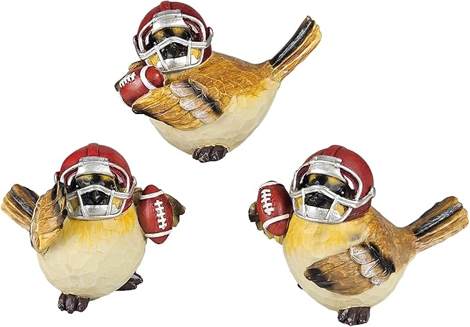 Hanna's Handiworks Little Sparrow Birds with Footballs & Helmets - Resin Statues Home Decor for Indoor Tabletop/Outdoor Covered Garden - for Sports Centerpiece Displays, Parties, Gifts - Set of 3