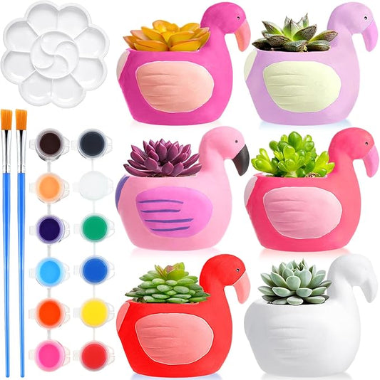 Pasimy 6 Set Ceramics to Paint DIY Ceramic Succulent Planter Pots Paint Your Own Flower Pots Craft Kit Unpainted Bisque Flowerpot with Brush Palette for Family Activity Holiday Gifts(Flamingo)