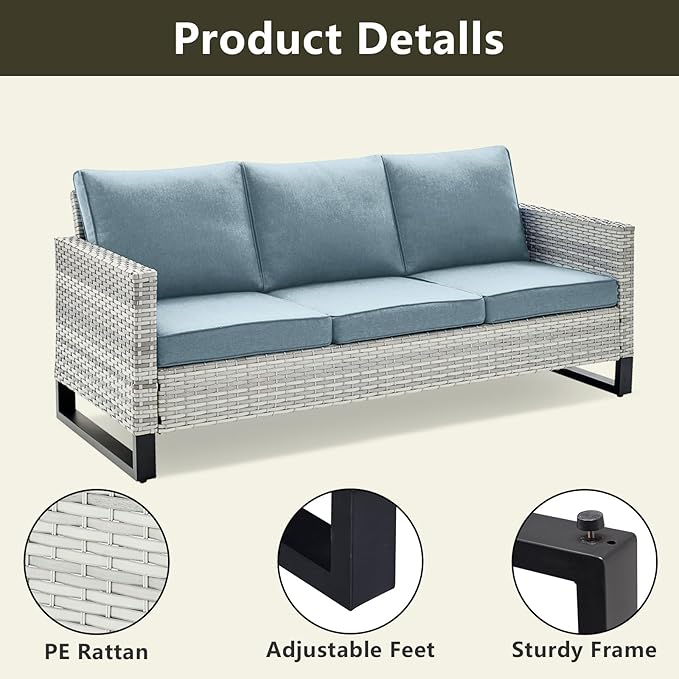 Rilyson Wicker Outdoor Couch Patio Sofa - 3 Seater Rattan Outdoor Patio Couch with Waterproof Wicker,Comfortable Cushions and Sturdy Metal Frame for Outside Porch Deck Backyard(Light Grey/Sky Blue)