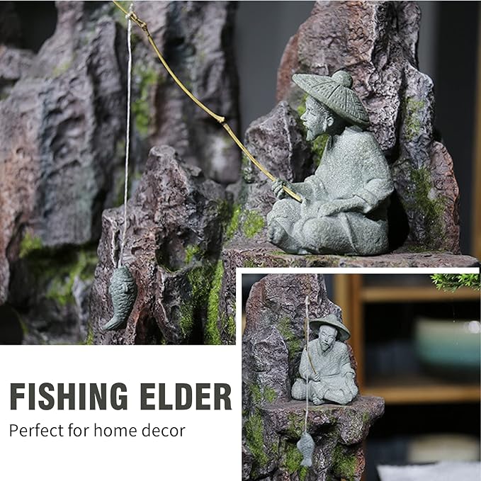 DUZFOREI 2PCS Mini Sitting Fishing Figurines Sandstone Vintage Ornament Japanese Decor for Fish Tank Pot Garden Home Aquarium Mini Fisherman Statue Asian Zen Decorations