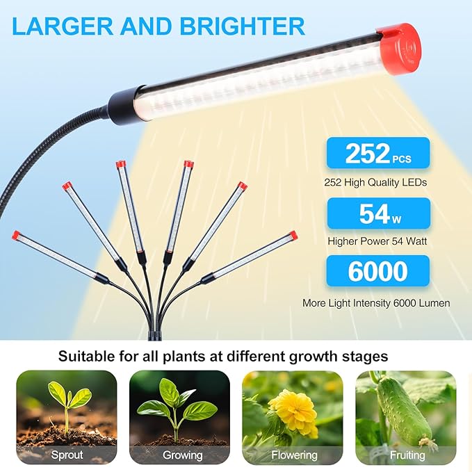 Orchbloom 6-Head Grow Light with Stand and Timer, 54 Watt Power Home Plug LED Grow Lights for Indoor Plants for Tall Houseplants, Bonsai Tree, Seed Starting, 24"-64" Adjustable Height