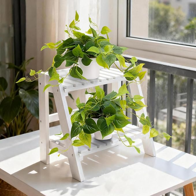 alyptus Fake Pothos Hanging Plants – 33" Set of 2 Faux Ivy Vines Realistic Silk Devil’s Ivy for Indoor Décor, Low Maintenance Artificial Greenery for Home Bathroom or Office - Green with White Pots