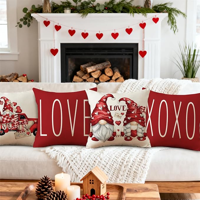 NIGHTWISH Valentine's Day Pillow Covers 18x18 Set of 4 Love Heart Truck Gnomes Valentines Day Decorations XOXO Wedding Throw Cushion Case for Sofa Couch