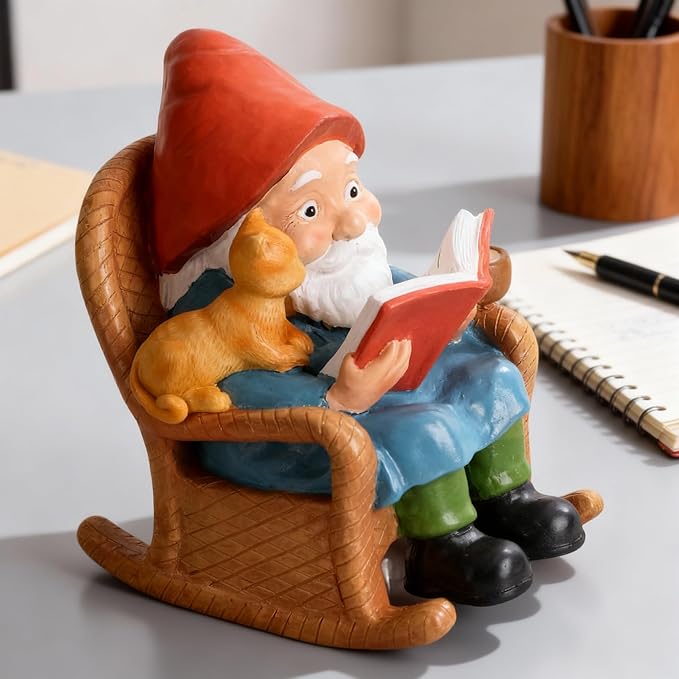 Cat Garden Gnome Statue,Resin Gnome Figurine Reading Book Sculpture, Hand Painted Outdoor Decoration for Patio, Lawn, Yard, or Porch, Whimsical Garden Ornament Gift
