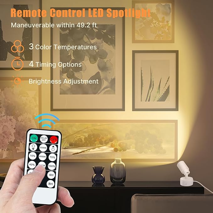2 Pack LED Spot Lights Indoor, 5W Uplighting with Remote Control Dimmable & Timer, Uplights Indoor Floor Spotlights with 3 CCT, Accent Lighting Stick on Wall Light for Plants Picture Artwork, White
