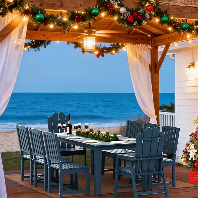 9-Piece Patio Dining Set, Outdoor Dining Set for 8, HDPE All-Weather Outdoor Furniture with 75.20” Umbrella Hole Table, 2 Armchairs & 6 Armless Chairs, Navy