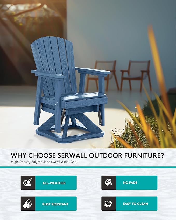 SERWALL Adirondack Swivel Glider Chair, HDPE Patio Glider for Outdoor, All-Weather Glider Chair for Porch, Balcony, Navy Blue