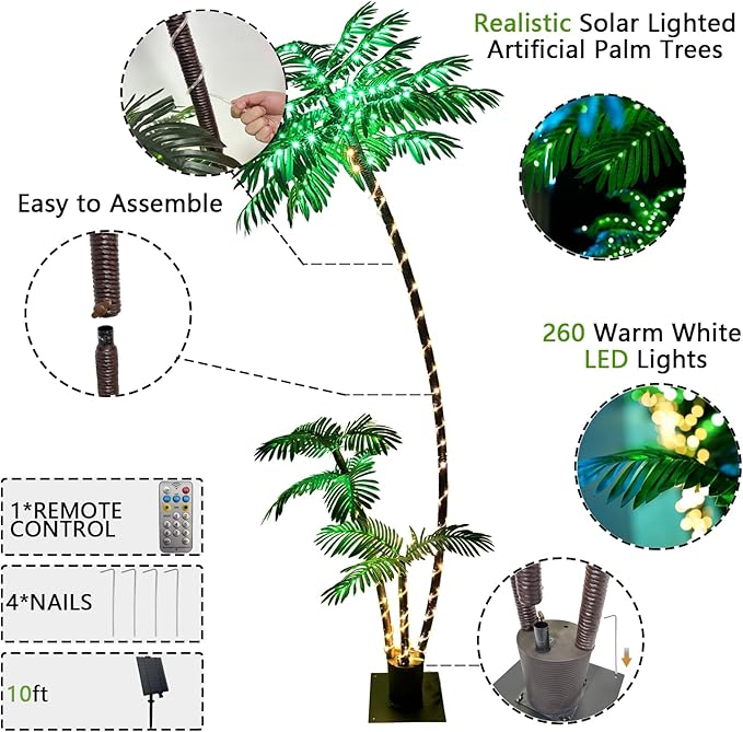 SOSHOT 7FT Solar Lighted Palm Trees for Outside Patio Light Up 260 LED Artificial Fake Tree Lights for Pool Bar Tropical Party Deck Outdoor Decorations