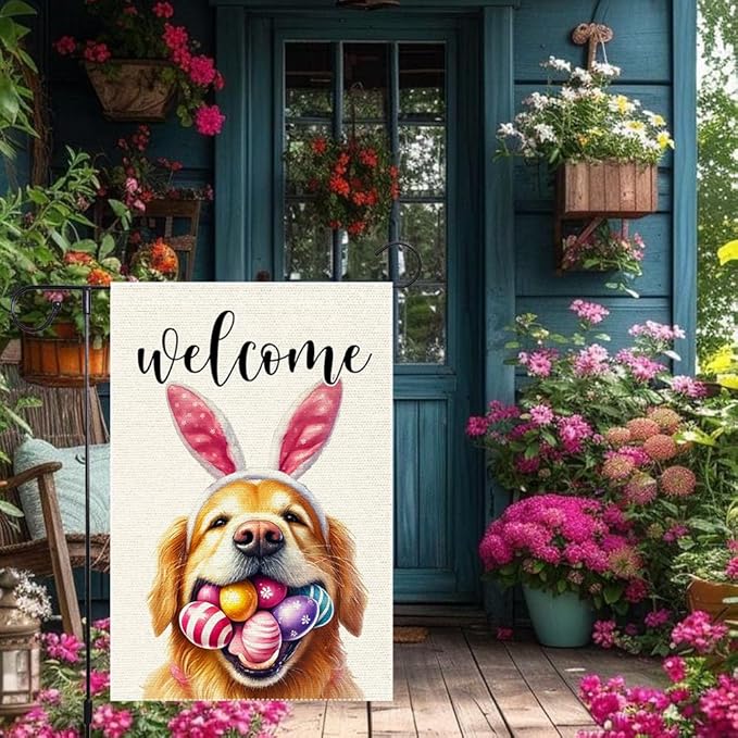 Welcome Easter Garden Flag Dog Spring Seasonal Eggs Sign Yard Holiday Outdoor 12x18 Inch Small Burlap Double Sided flags Decorations