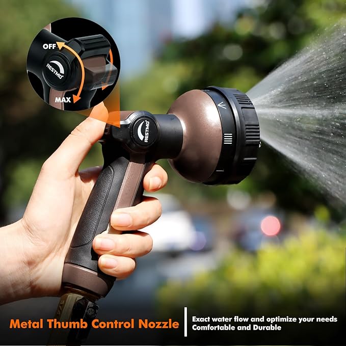 RESTMO Full Shower Hose Nozzle, Metal Spray Nozzle for Garden Hose, 8 Spray Patterns, Water Hose nozzle with Thumb Control, Ideal for Outdoor Lawn & Plant Watering, Car & Pet Washing, Brown