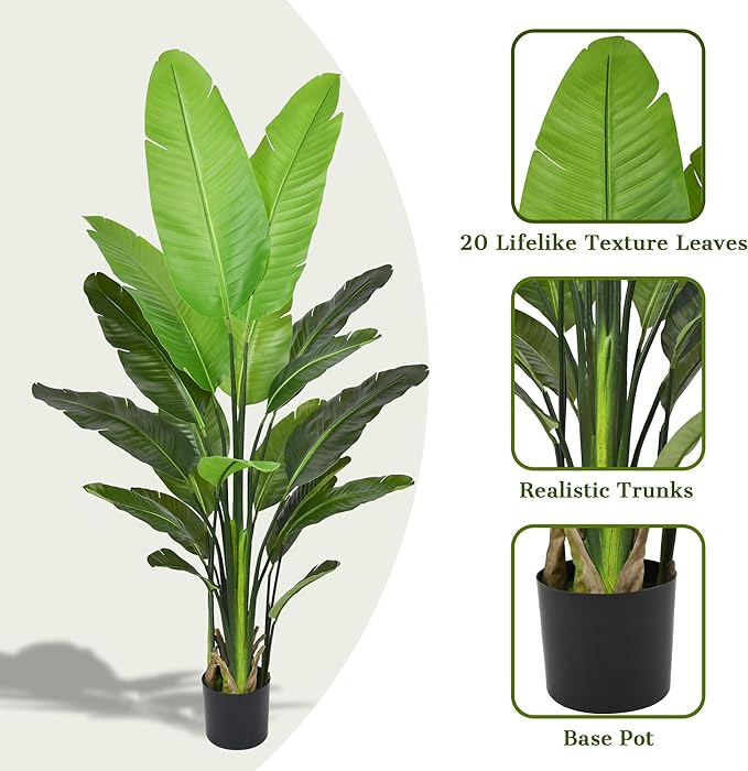 Bird of Paradise Plant Artificial 6ft - Tall Faux Plants Indoor with Realistic Trunks and 20 Vivid Leaves, 72 Inch Fake Tropical Floor Plants in Pot for Home Living Room Bedroom Office Indoor Decor
