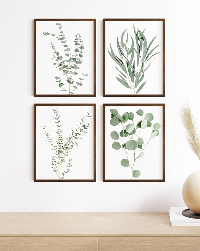 HAUS AND HUES Botanical Plant Wall Art Prints - Set of 4 Plant Wall Decor Prints, Floral Kitchen, Flower Leaves Wall Art, Boho Leaf Eucalyptus Wall Decor, Green Botanical Poster (Walnut Frame, 16x20)