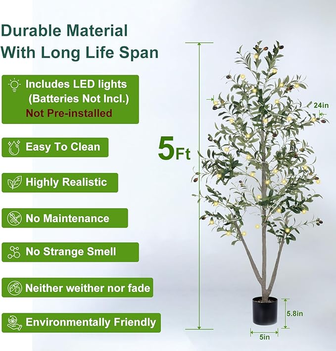Olive Trees Artificial Indoor, 5FT Tall Faux Olive Tree with Moss and Planter, Artificial Plants Indoor with Natural Wood Trunk and Lifelike Fruits, Fake Tree for Home Office Living Room Decor