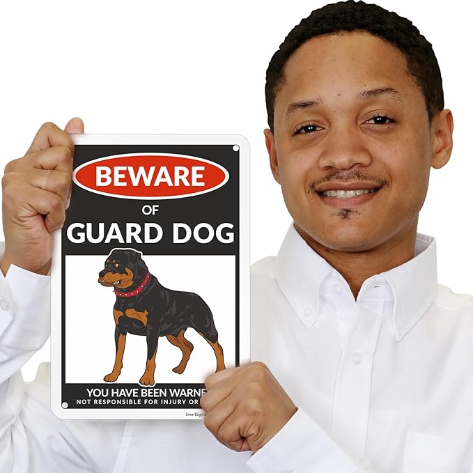 SmartSign Beware Of Guard Dog Warning Sign - 10"x7", 40 mil Laminated Rust-free Aluminum - Funny Metal Signs for Entrances, Outdoors, Patio, Gifts, Cafe - Guard Dog Theme, Made in USA