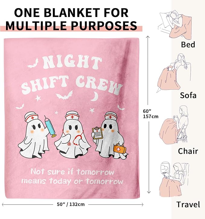 Glydein Funny Nurse Gifts for Women, Night Shift Crew - Flannel Soft Nurse Blanket for Women Decor, Nursing Graduation Gift, LPN RN Nurses Week/Day Appreciation Gifts - 50" x 60"