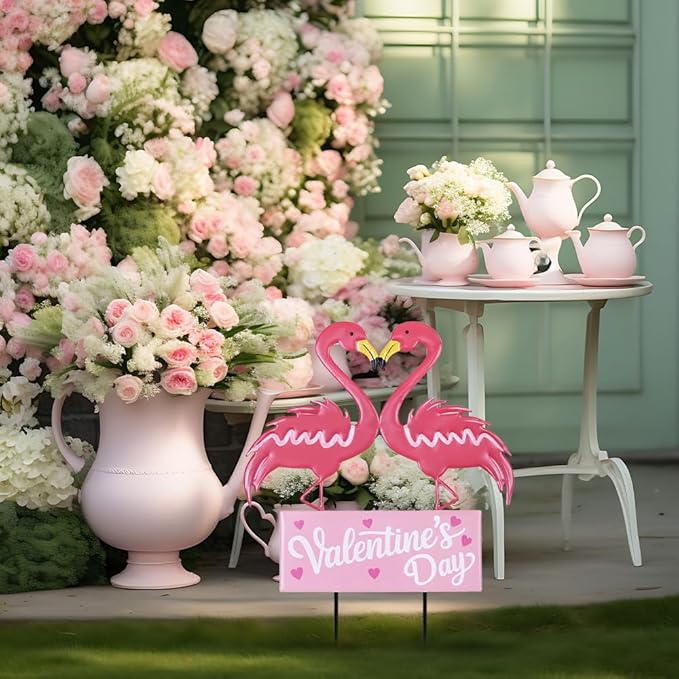 hogardeck Valentines Day Decorations Outdoor, Metal Flamingos Decorative Garden Stakes for Valentines Decor, Valentine's Day Yard Sign for Home Outside Lawn Porch Anniversary Wedding Party