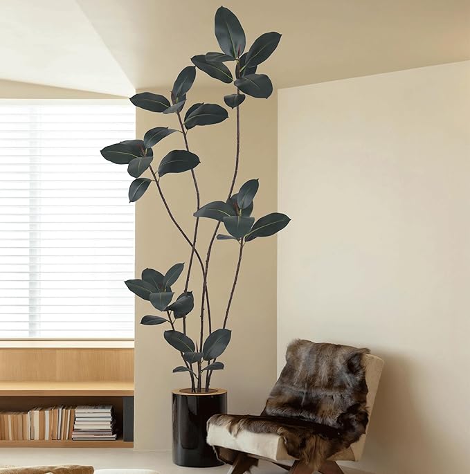 Artificial Rubber Tree 7FT with 40 Glossy Leaves & 6 Heads & Black Pot Realistic Tall Large Faux Tropical Lifelike Ficus Elastica Plant 84 Inch for Indoor Home Office Corner Modern Decor