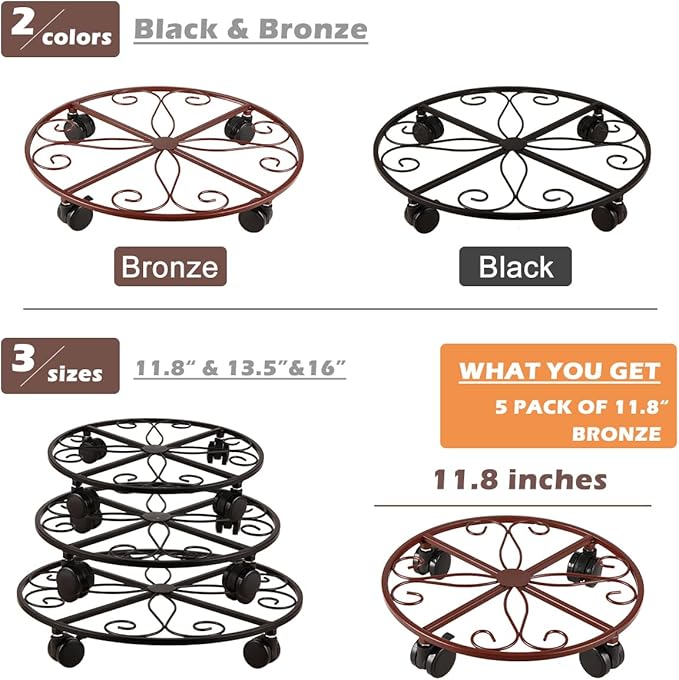 5 Pack Plant Caddy with Wheels Heavy Duty 12 Inches Metal Plant Stand with Wheels Plant dolly Rolling Plant Stand Plant Roller with Casters for Indoor and Outdoor with Plant Saucers, Bronze