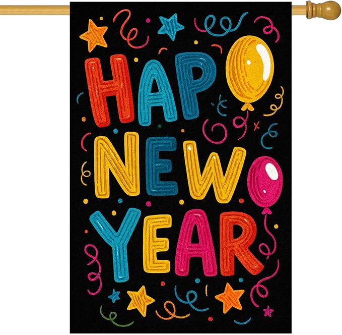 Happy New Year House Flag 28x40 Inch Double Sided Garden Flag Colorful Balloons Stars and Confetti Design Winter Holiday Yard Banner Large Outdoor Flag for Porch Lawn Home Decoration