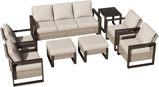 Joyside Outdoor Patio Chairs, 8 Pieces Wicker Rattan Furniture Set, 4 Patio Chairs, 1 Sofa, 2 Ottoman and 1 Table, Metal Wide Armrest, Thick Cushions and Deep Seating for Garden, Backyard, Porch