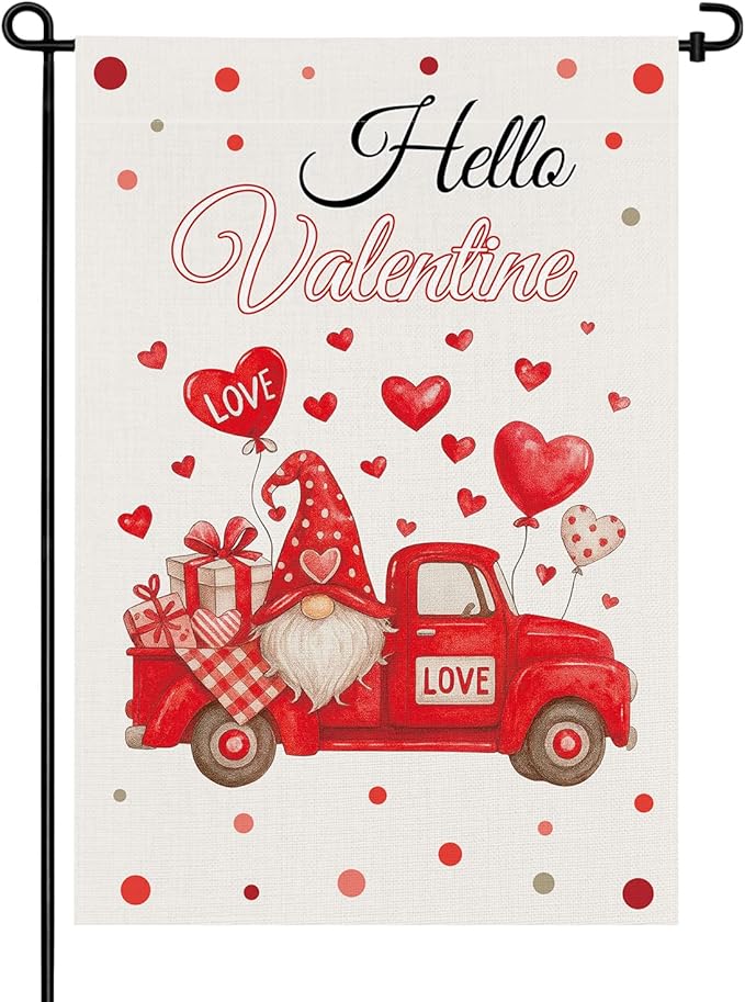 pretty_jessie Valentines Day Garden Flag 12x18 Inch Double Sided, Hello Valentine Gnome Red Love Hearts Burlap Yard Flag Anniversary Patio, Porch, Backyard Outdoor Decorations