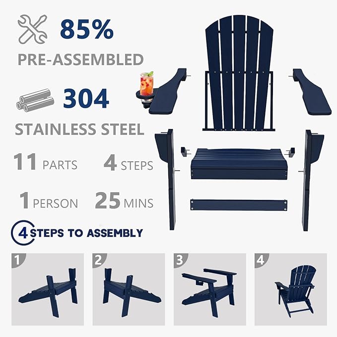 Plawdlik Folding Adirondack Chair, SGS Tested, Wooden Textured with Cup Holder, Heavy All-Weather HDPE Comfortable Set Poolside Backyard Lawn Navy Blue Set 2