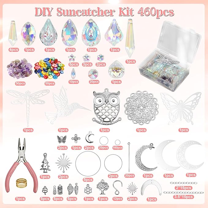 Tarklanda 460 PCS DIY Crystal Suncatcher Craft Kit - Rainbow Maker Hanging Sun Catchers with Hooks Chains Colorful Prism Pendants for Window Garden Home Christmas Decor Wedding Birthday Gifts