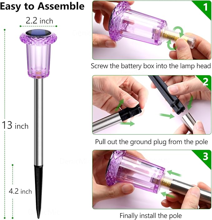 DenicMic Solar Lights Outdoor 10 Pack Waterproof Purple LED Stainless Steel Stake Outside Lights for Yard Pathway Garden Driveway Walkway Landscape Path Lighting