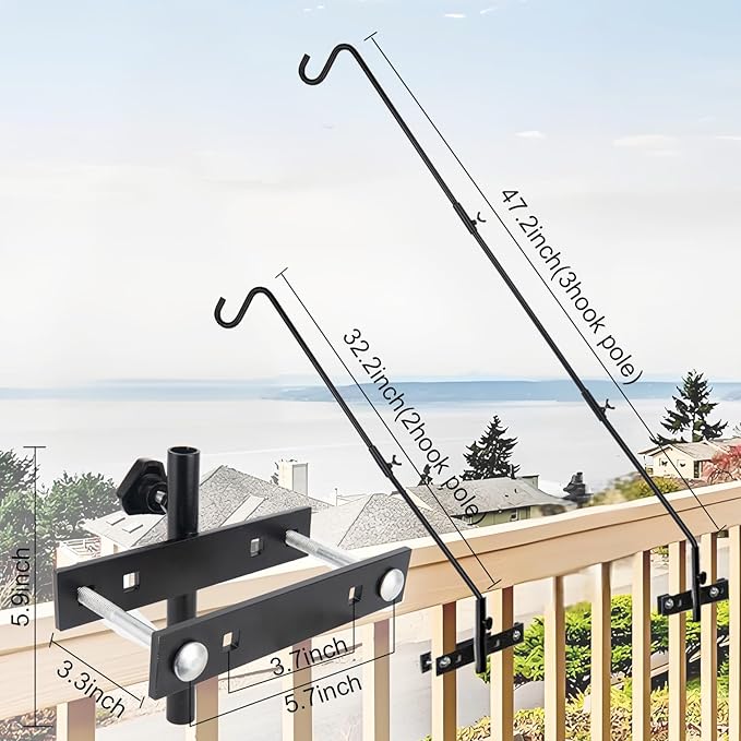 GDHSWJ 2 Pack Deck Hooks for Hanging Bird Feeders, 43" Adjustable Bird Feeder Hanger for Railing, 360° Swivel Clamp-On Plant Hook for Balcony, Porch, Lanterns, Wind Chimes