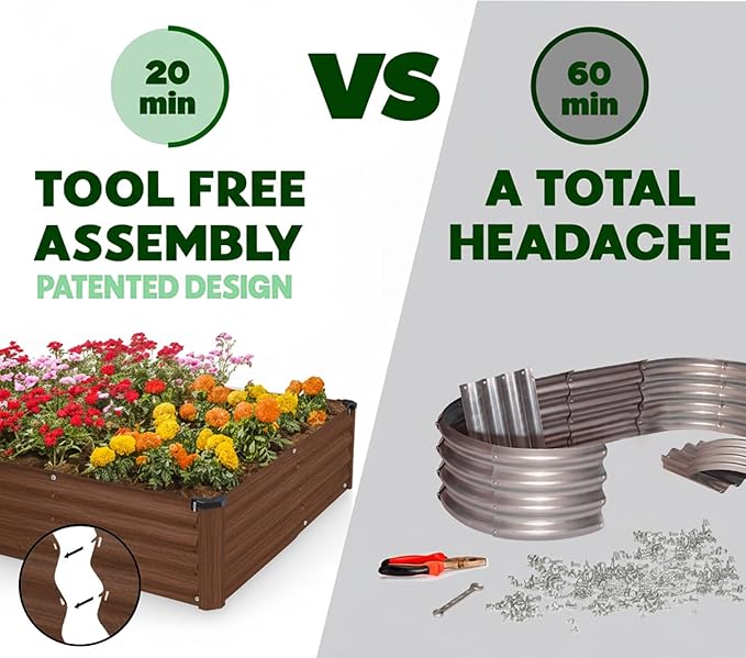 Plant & Plot Galvanized Raised Garden Beds Outdoor // 8×4×1 ft Planter Raised Beds for Gardening, Vegetables, Flowers (Dark Wood Grain) // Large Metal Garden Box // Patented Tool-Free Design