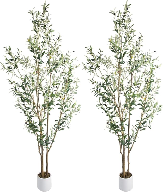 Artificial Fake Olive Tree 7FT Tall 2Pack with White Planter Faux Silk Olive Tree for Home Living Room Office Decor Faux Artificial Plants Indoor with Fruit & Free Moss