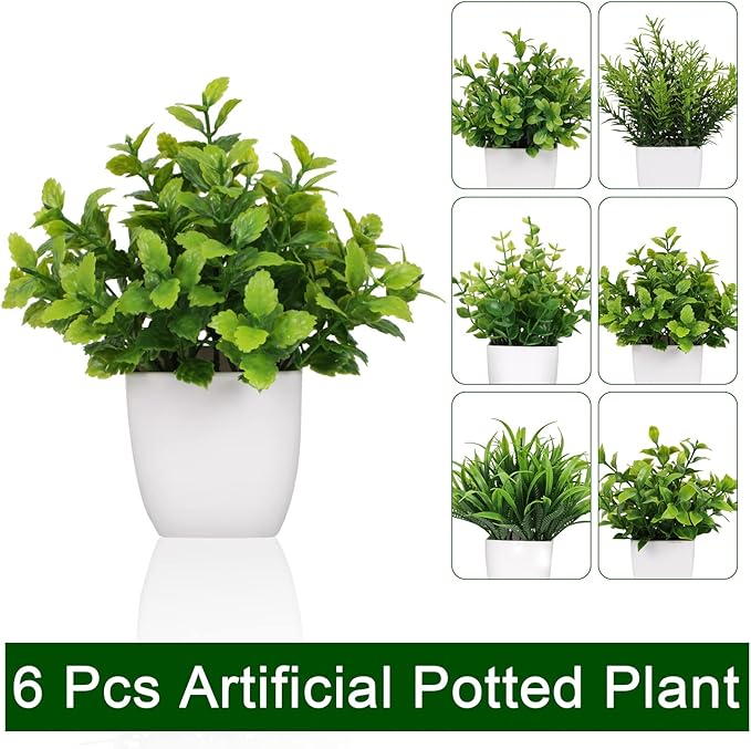 Yoratee 6 Pot Small Fake Plant Flowerpot Artificial Plastic Eucalyptus Plant Wheat Grass Shrub Plant Indoor Desk Coffee Table Bathroom Bedroom Home Decoration (6)