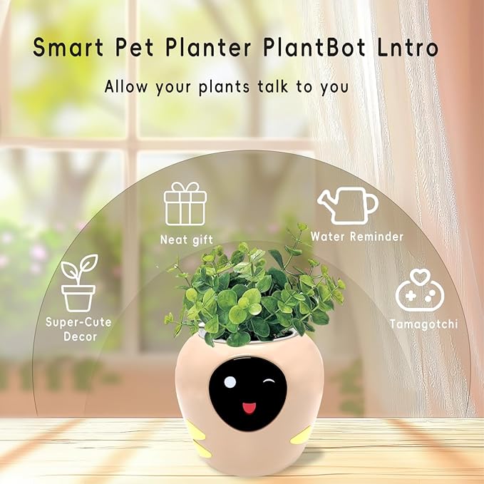 Odpaltoy Smart Plant Pot with Expression, AI Intelligent Flower Pot for Indoor Decoration, Smart Garden Pot with Water/Light/Temperature Sensors, Ivy AI Planter (Pink（Big）)