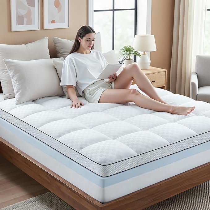 Twin Size Dual Layer 4 Inch Memory Foam Mattress Topper, 2 Inch Gel Memory Foam and 2 Inch Pillow Top Mattress Pad Cover, Thick Soft Bed Topper Medium Support for Back Pain, White